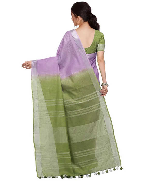 Mauve_Purple_&_Dark_Moss_women's_Handloom_Bhagalpuri_Linen_Blend_Two_Dye_Saree_With_Running_Unstitched_Blouse_Piece