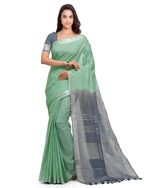 Mint_Green_&_Grey_women's_Handloom_Bhagalpuri_Linen_Blend_Two_Dye_Saree_With_Running_Unstitched_Blouse_Piece