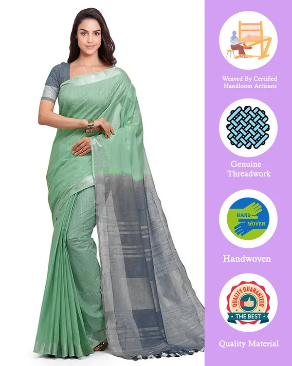 Mint_Green_&_Grey_women's_Handloom_Bhagalpuri_Linen_Blend_Two_Dye_Saree_With_Running_Unstitched_Blouse_Piece