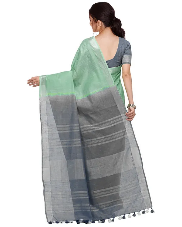 Mint_Green_&_Grey_women's_Handloom_Bhagalpuri_Linen_Blend_Two_Dye_Saree_With_Running_Unstitched_Blouse_Piece