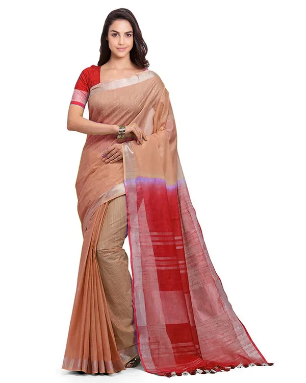 Persian_Orange_&_Red_women's_Handloom_Bhagalpuri_Linen_Blend_Two_Dye_Saree_With_Running_Unstitched_Blouse_Piece
