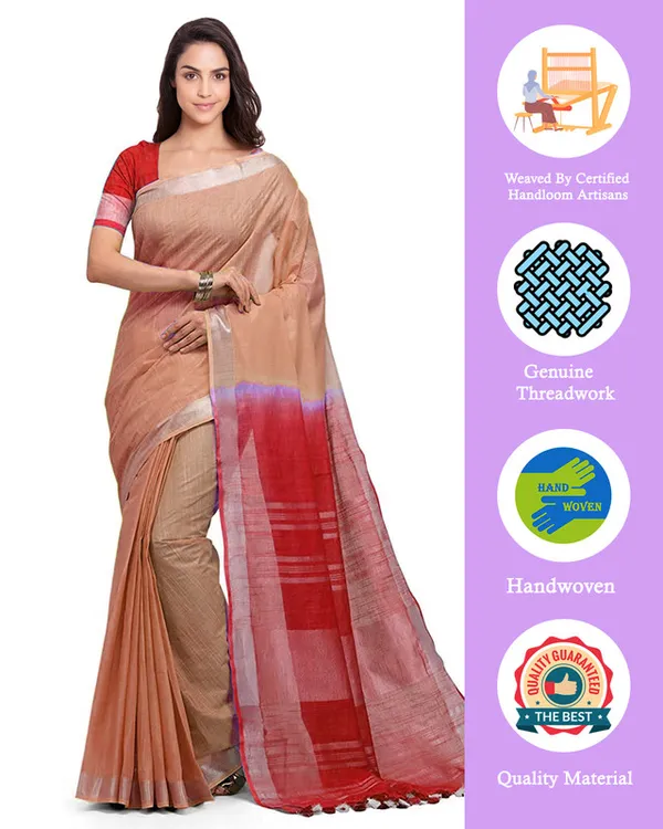 Persian_Orange_&_Red_women's_Handloom_Bhagalpuri_Linen_Blend_Two_Dye_Saree_With_Running_Unstitched_Blouse_Piece