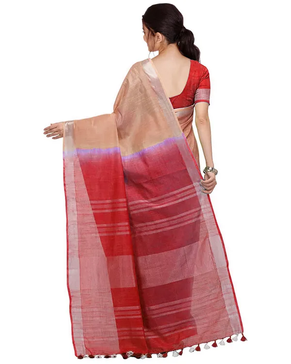 Persian_Orange_&_Red_women's_Handloom_Bhagalpuri_Linen_Blend_Two_Dye_Saree_With_Running_Unstitched_Blouse_Piece