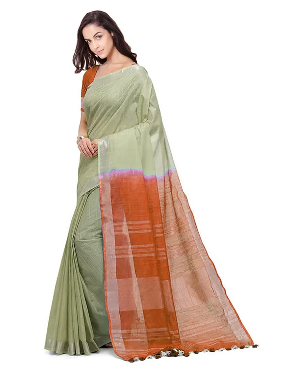 Saplin_Tan_&_Mohangni_Orange_women's_Handloom_Bhagalpuri_Linen_Blend_Two_Dye_Saree_With_Running_Unstitched_Blouse_Piece