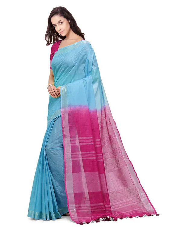 Argentinian_Blue_&_Raspberry_Pink_women's_Handloom_Bhagalpuri_Linen_Blend_Two_Dye_Saree_With_Running_Unstitched_Blouse_Piece