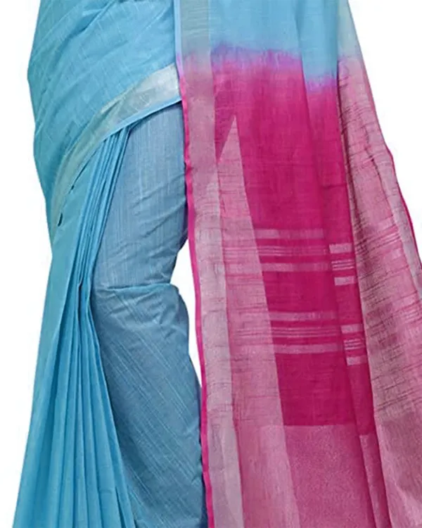 Argentinian_Blue_&_Raspberry_Pink_women's_Handloom_Bhagalpuri_Linen_Blend_Two_Dye_Saree_With_Running_Unstitched_Blouse_Piece