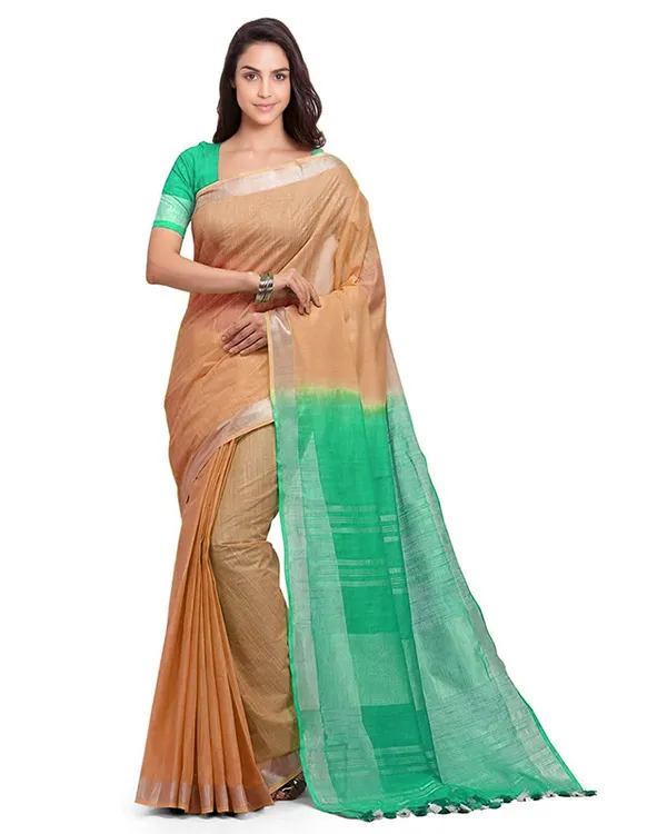 Tangerine_Orange_&_Mint_Green_women's_Handloom_Bhagalpuri_Linen_Blend_Two_Dye_Saree_With_Running_Unstitched_Blouse_Piece
