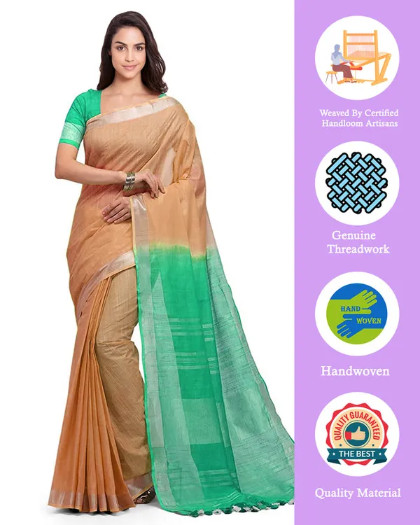 Tangerine_Orange_&_Mint_Green_women's_Handloom_Bhagalpuri_Linen_Blend_Two_Dye_Saree_With_Running_Unstitched_Blouse_Piece
