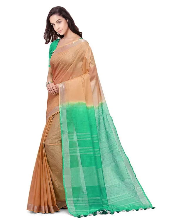 Tangerine_Orange_&_Mint_Green_women's_Handloom_Bhagalpuri_Linen_Blend_Two_Dye_Saree_With_Running_Unstitched_Blouse_Piece