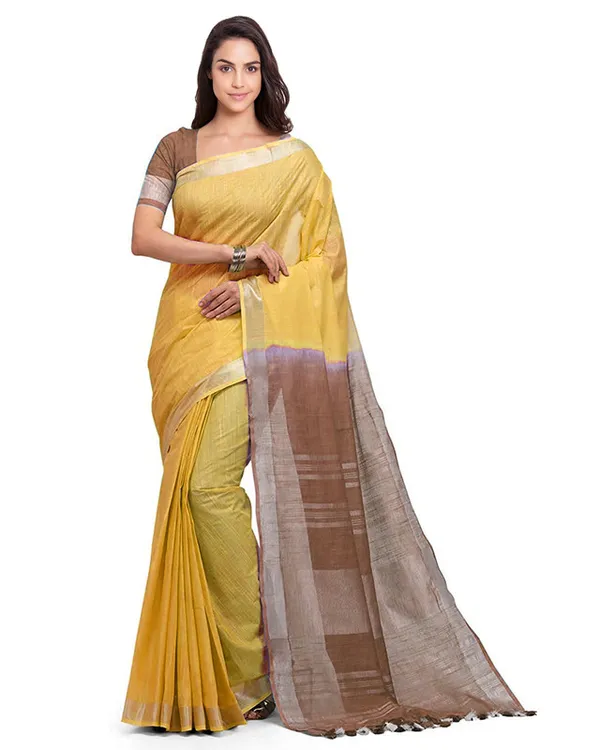 Yellow_&_Brown_women's_Handloom_Bhagalpuri_Linen_Blend_Two_Dye_Saree_With_Running_Unstitched_Blouse_Piece