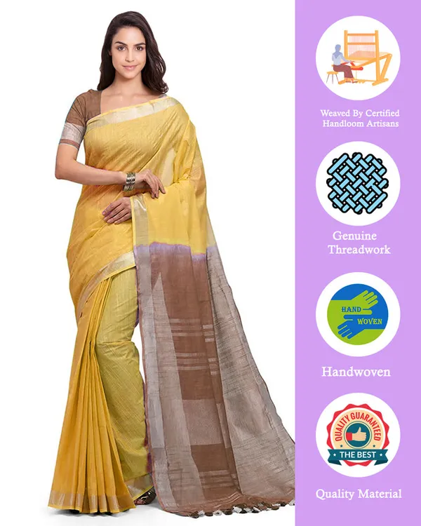 Yellow_&_Brown_women's_Handloom_Bhagalpuri_Linen_Blend_Two_Dye_Saree_With_Running_Unstitched_Blouse_Piece