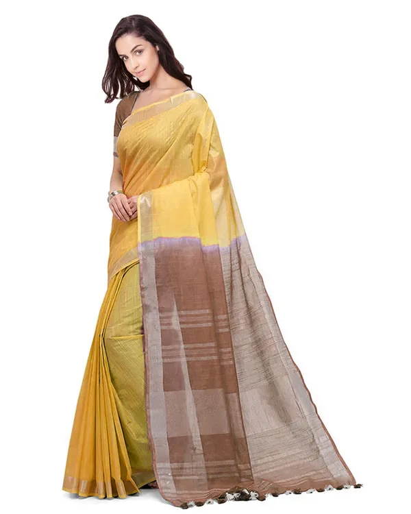 Yellow_&_Brown_women's_Handloom_Bhagalpuri_Linen_Blend_Two_Dye_Saree_With_Running_Unstitched_Blouse_Piece