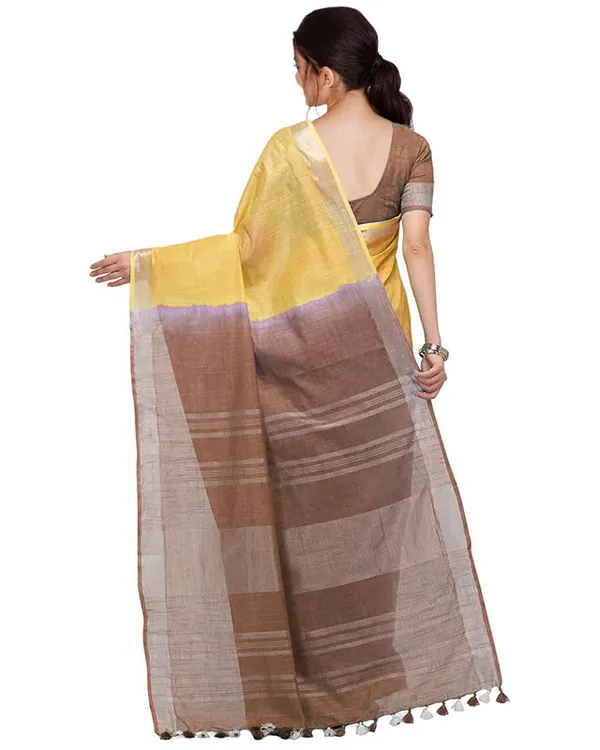 Yellow_&_Brown_women's_Handloom_Bhagalpuri_Linen_Blend_Two_Dye_Saree_With_Running_Unstitched_Blouse_Piece