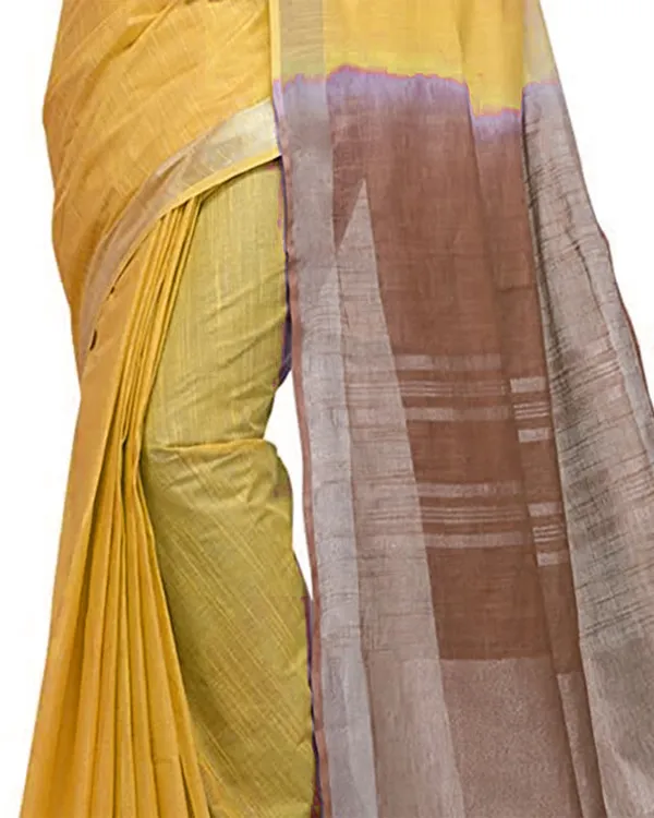 Yellow_&_Brown_women's_Handloom_Bhagalpuri_Linen_Blend_Two_Dye_Saree_With_Running_Unstitched_Blouse_Piece