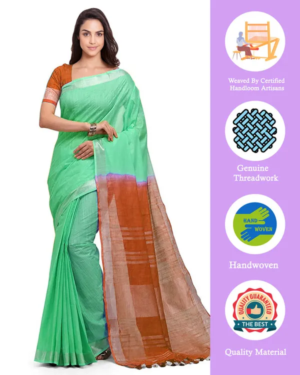 Aquamarine_Turquoise_&_Mohangni_Orange_women's_Handloom_Bhagalpuri_Cotton_Slub_Blend_Two_Dye_Saree_With_Running_Unstitched_Blouse_Piece