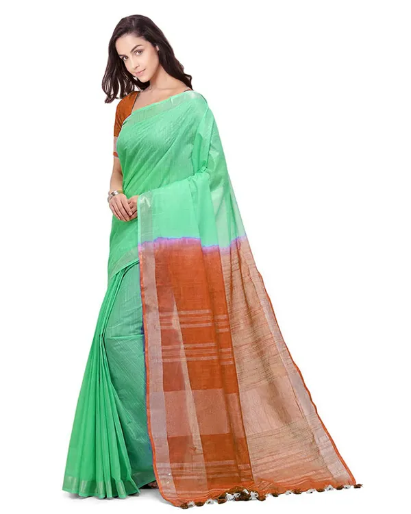 Aquamarine_Turquoise_&_Mohangni_Orange_women's_Handloom_Bhagalpuri_Cotton_Slub_Blend_Two_Dye_Saree_With_Running_Unstitched_Blouse_Piece
