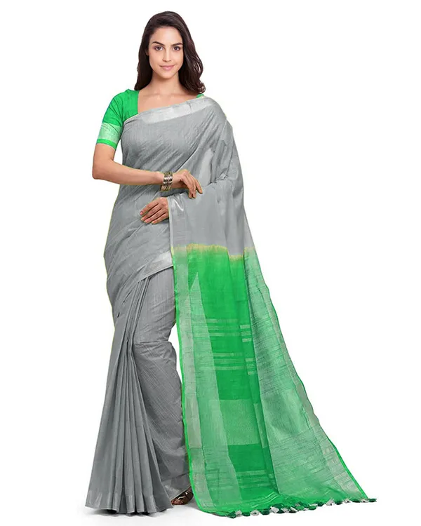 Grey_&_Honerdew_Green_women's_Handloom_Bhagalpuri_Cotton_Slub_Blend_Two_Dye_Saree_With_Running_Unstitched_Blouse_Piece