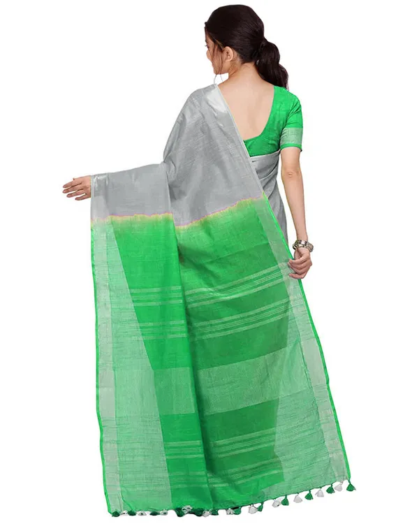 Grey_&_Honerdew_Green_women's_Handloom_Bhagalpuri_Cotton_Slub_Blend_Two_Dye_Saree_With_Running_Unstitched_Blouse_Piece