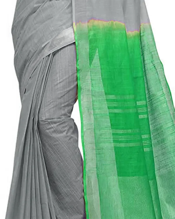 Grey_&_Honerdew_Green_women's_Handloom_Bhagalpuri_Cotton_Slub_Blend_Two_Dye_Saree_With_Running_Unstitched_Blouse_Piece