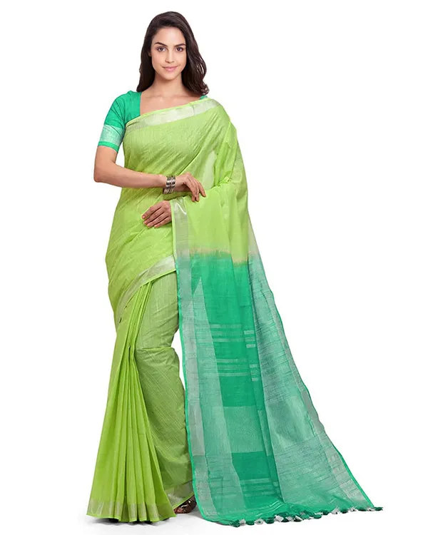 Lawn_Green_&_Aquamarine_Turquoise_women's_Handloom_Bhagalpuri_Cotton_Slub_Blend_Two_Dye_Saree_With_Running_Unstitched_Blouse_Piece