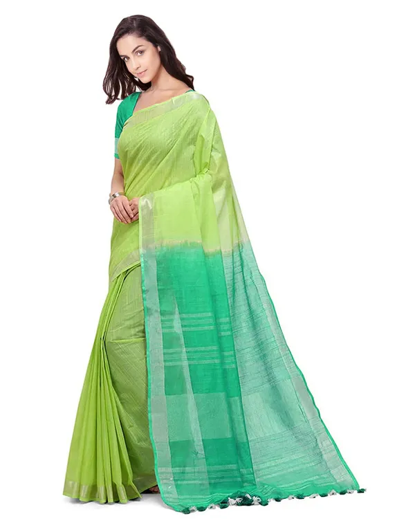 Lawn_Green_&_Aquamarine_Turquoise_women's_Handloom_Bhagalpuri_Cotton_Slub_Blend_Two_Dye_Saree_With_Running_Unstitched_Blouse_Piece