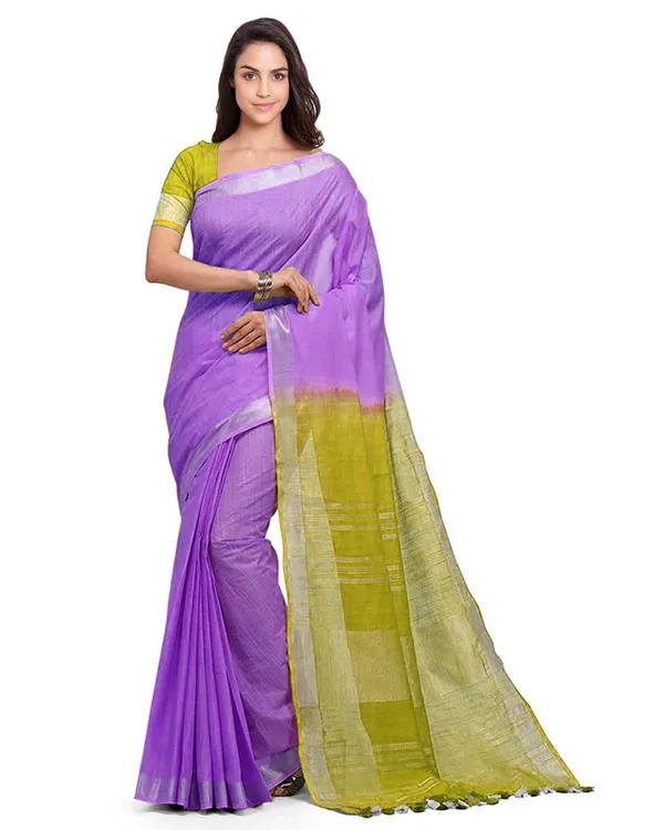 Lilac_Purple_&_Olive_Green_women's_Handloom_Bhagalpuri_Cotton_Slub_Blend_Two_Dye_Saree_With_Running_Unstitched_Blouse_Piece