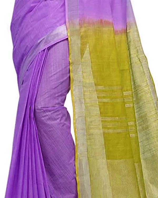 Lilac_Purple_&_Olive_Green_women's_Handloom_Bhagalpuri_Cotton_Slub_Blend_Two_Dye_Saree_With_Running_Unstitched_Blouse_Piece