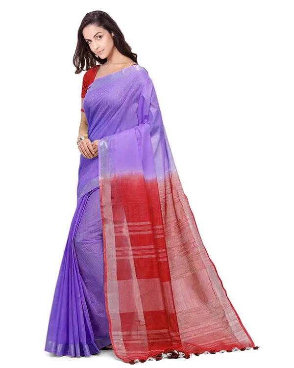 Lilac_Purple_&_Red_women's_Handloom_Bhagalpuri_Cotton_Slub_Blend_Two_Dye_Saree_With_Running_Unstitched_Blouse_Piece