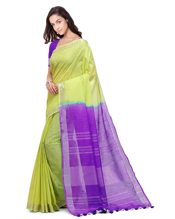 Lime_Green_&_French_Violet_women's_Handloom_Bhagalpuri_Cotton_Slub_Blend_Two_Dye_Saree_With_Running_Unstitched_Blouse_Piece