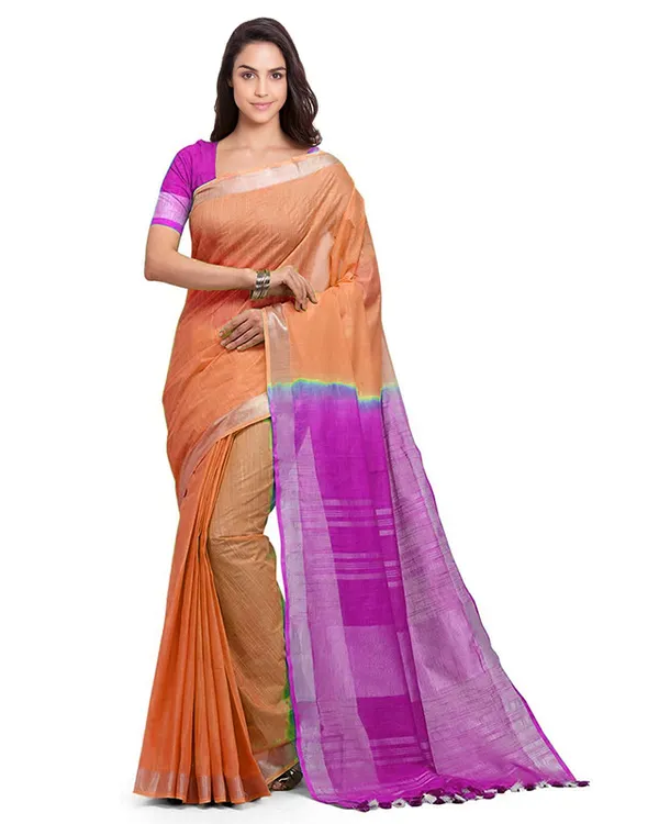 Mango_Orange_&_Wild_Strawberry_women's_Handloom_Bhagalpuri_Cotton_Slub_Blend_Two_Dye_Saree_With_Running_Unstitched_Blouse_Piece