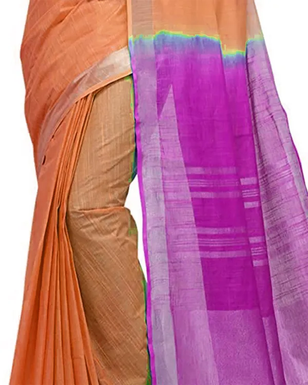 Mango_Orange_&_Wild_Strawberry_women's_Handloom_Bhagalpuri_Cotton_Slub_Blend_Two_Dye_Saree_With_Running_Unstitched_Blouse_Piece