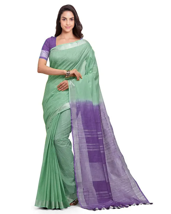 Mint_Green_&_Amethyst_Purple_women's_Handloom_Bhagalpuri_Cotton_Slub_Blend_Two_Dye_Saree_With_Running_Unstitched_Blouse_Piece