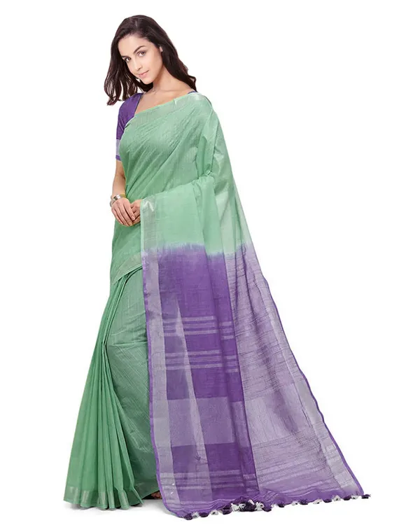 Mint_Green_&_Amethyst_Purple_women's_Handloom_Bhagalpuri_Cotton_Slub_Blend_Two_Dye_Saree_With_Running_Unstitched_Blouse_Piece