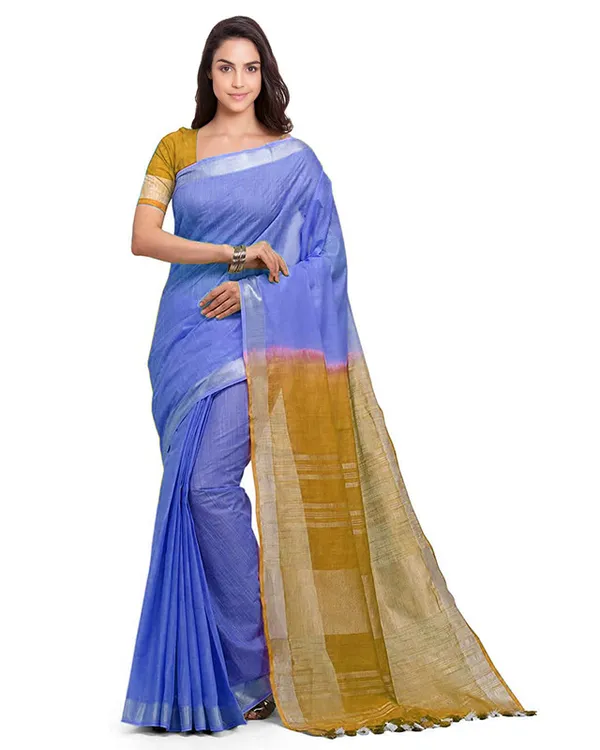 Neon_Blue_&_Golden_Brown_women's_Handloom_Bhagalpuri_Cotton_Slub_Blend_Two_Dye_Saree_With_Running_Unstitched_Blouse_Piece
