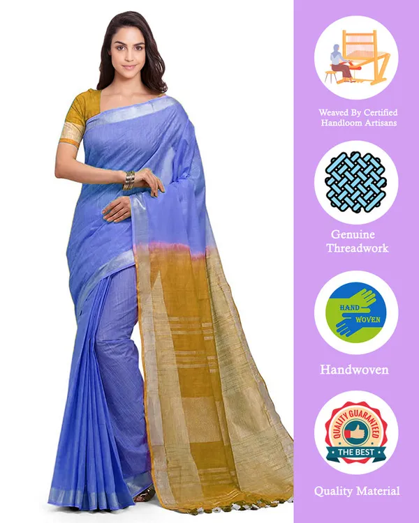 Neon_Blue_&_Golden_Brown_women's_Handloom_Bhagalpuri_Cotton_Slub_Blend_Two_Dye_Saree_With_Running_Unstitched_Blouse_Piece