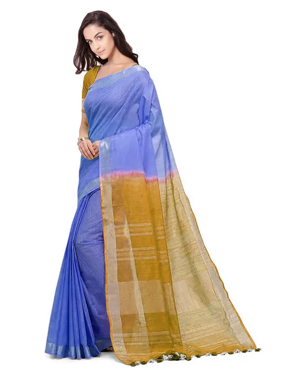 Neon_Blue_&_Golden_Brown_women's_Handloom_Bhagalpuri_Cotton_Slub_Blend_Two_Dye_Saree_With_Running_Unstitched_Blouse_Piece
