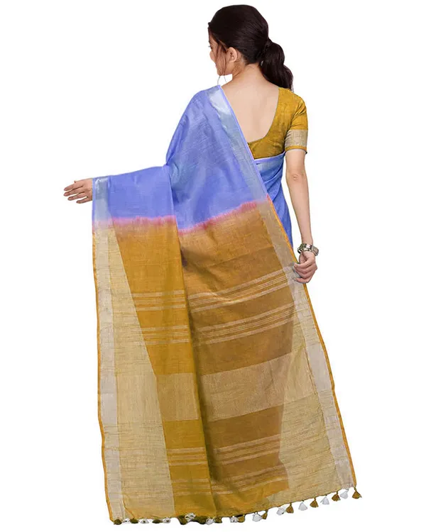 Neon_Blue_&_Golden_Brown_women's_Handloom_Bhagalpuri_Cotton_Slub_Blend_Two_Dye_Saree_With_Running_Unstitched_Blouse_Piece