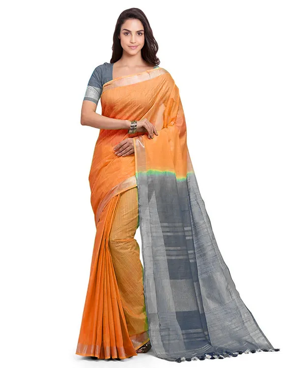 Neon_Orange_&_Grey_women's_Handloom_Bhagalpuri_Cotton_Slub_Blend_Two_Dye_Saree_With_Running_Unstitched_Blouse_Piece