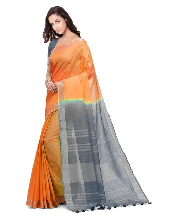 Neon_Orange_&_Grey_women's_Handloom_Bhagalpuri_Cotton_Slub_Blend_Two_Dye_Saree_With_Running_Unstitched_Blouse_Piece