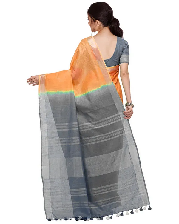 Neon_Orange_&_Grey_women's_Handloom_Bhagalpuri_Cotton_Slub_Blend_Two_Dye_Saree_With_Running_Unstitched_Blouse_Piece