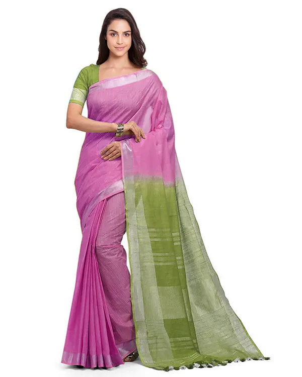 Neon_Pink_&_Moss_Green_women's_Handloom_Bhagalpuri_Cotton_Slub_Blend_Two_Dye_Saree_With_Running_Unstitched_Blouse_Piece