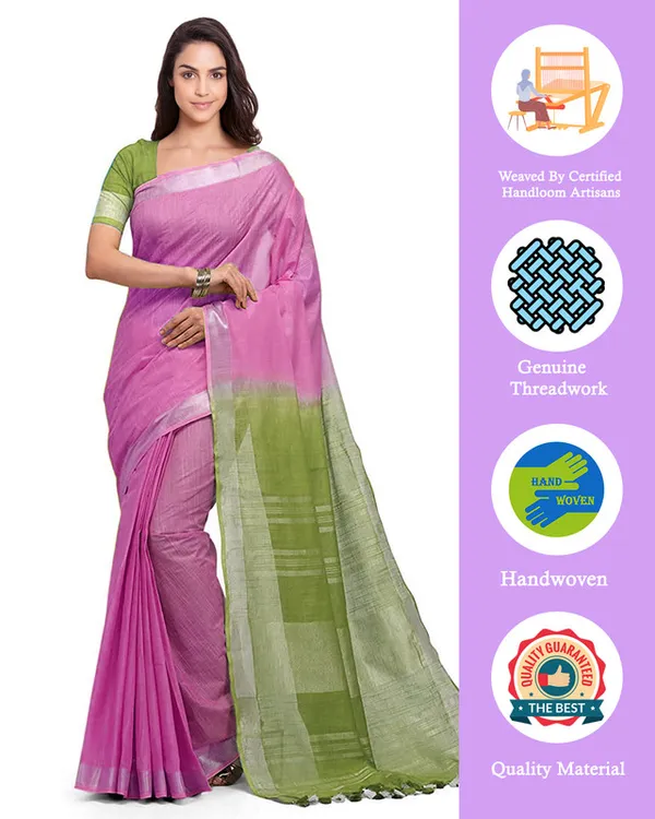 Neon_Pink_&_Moss_Green_women's_Handloom_Bhagalpuri_Cotton_Slub_Blend_Two_Dye_Saree_With_Running_Unstitched_Blouse_Piece
