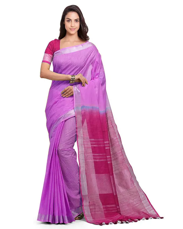 Orchid_Magenta_&_Raspberry_Pink_women's_Handloom_Bhagalpuri_Cotton_Slub_Blend_Two_Dye_Saree_With_Running_Unstitched_Blouse_Piece