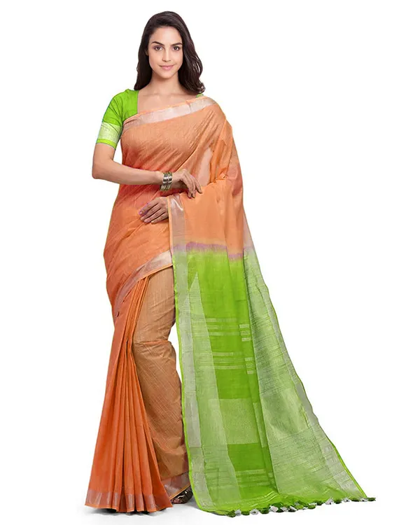 Pumpkin_Orange_&_Apple_Green_women's_Handloom_Bhagalpuri_Cotton_Slub_Blend_Two_Dye_Saree_With_Running_Unstitched_Blouse_Piece
