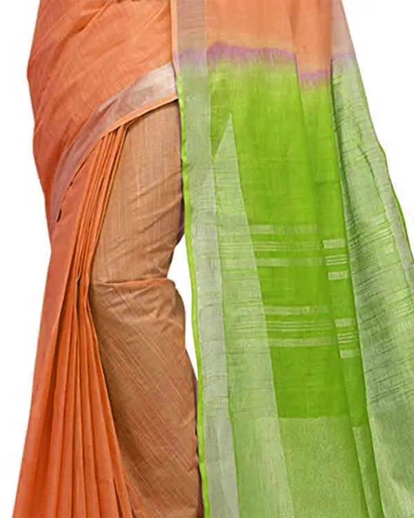 Pumpkin_Orange_&_Apple_Green_women's_Handloom_Bhagalpuri_Cotton_Slub_Blend_Two_Dye_Saree_With_Running_Unstitched_Blouse_Piece