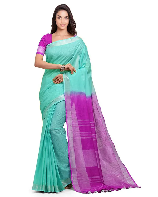 Turquoise_&_Phlox_Purple_women's_Handloom_Bhagalpuri_Cotton_Slub_Blend_Two_Dye_Saree_With_Running_Unstitched_Blouse_Piece