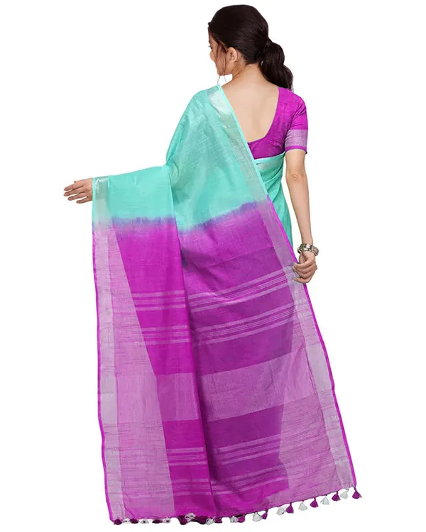 Turquoise_&_Phlox_Purple_women's_Handloom_Bhagalpuri_Cotton_Slub_Blend_Two_Dye_Saree_With_Running_Unstitched_Blouse_Piece
