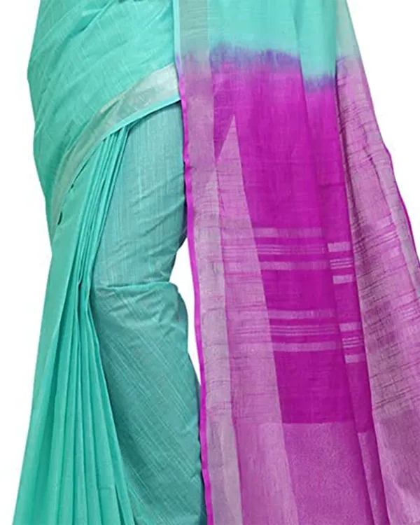 Turquoise_&_Phlox_Purple_women's_Handloom_Bhagalpuri_Cotton_Slub_Blend_Two_Dye_Saree_With_Running_Unstitched_Blouse_Piece