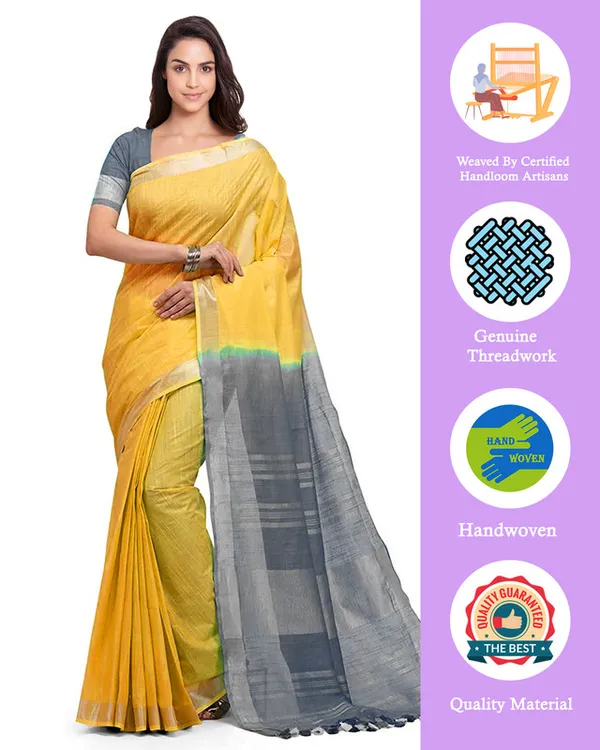 Yellow_&_Grey_women's_Handloom_Bhagalpuri_Cotton_Slub_Blend_Two_Dye_Saree_With_Running_Unstitched_Blouse_Piece