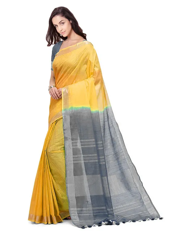 Yellow_&_Grey_women's_Handloom_Bhagalpuri_Cotton_Slub_Blend_Two_Dye_Saree_With_Running_Unstitched_Blouse_Piece